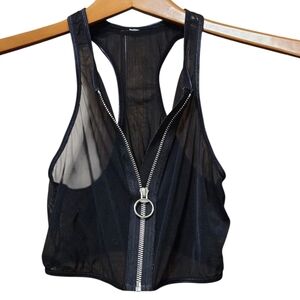 Sheer zip front crop top black mesh OS VGUC sexy festival tank see thru cosplay